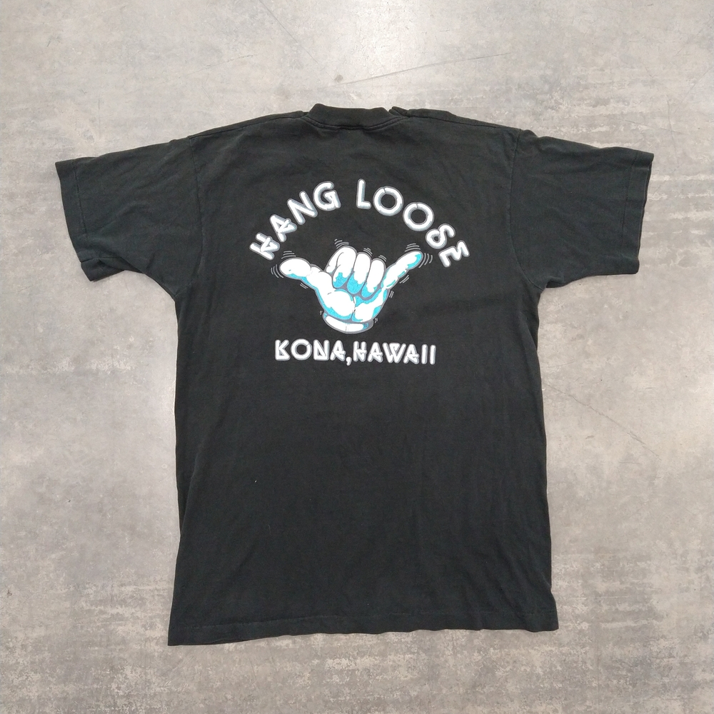 Hang Loose Fruit of the Loom Black T-Shirt USA Single Stitch L Measureme